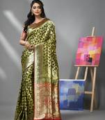 Olive green silk banarasi saree with zari woven designs