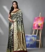 Blue silk banarasi saree with zari woven floral and paisley designs