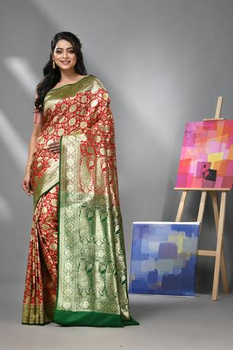 Red silk banarasi saree with zari woven floral and paisley designs
