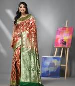 Red silk banarasi saree with zari woven floral and paisley designs