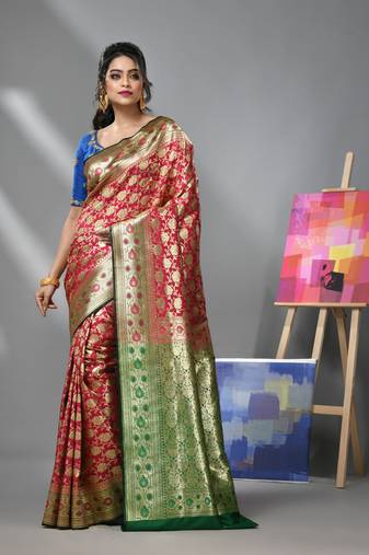 Rose pink silk banarasi saree with zari woven designs
