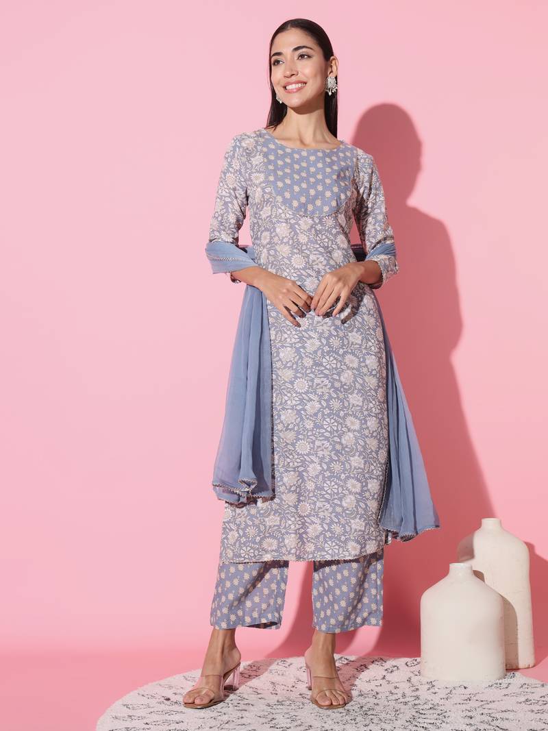 Grey Cotton Fabric Printed work Straight cut Kurta, Pant and Dupatta Set