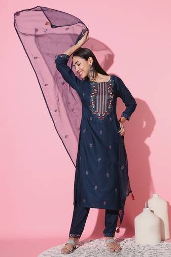 Viscose Rayon Fabric Straight Kurta, Pant and Dupatta Set