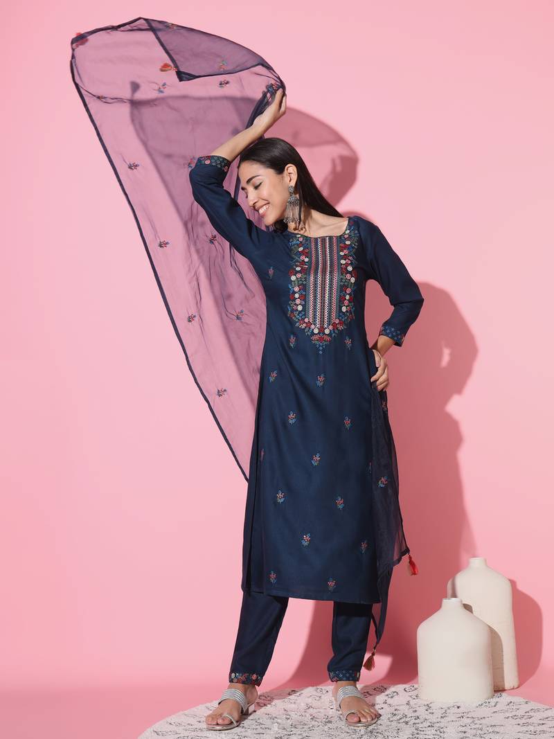 Viscose Rayon Fabric Straight Kurta, Pant and Dupatta Set