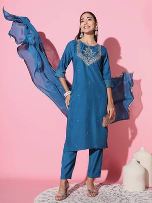 	Petrol Embroidered Work Cotton Slub Rayon Fabric Straight Kurta, Pant And Dupatta Set 1