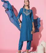 	Petrol Embroidered Work Cotton Slub Rayon Fabric Straight Kurta, Pant And Dupatta Set