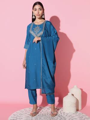 	Petrol Embroidered Work Cotton Slub Rayon Fabric Straight Kurta, Pant And Dupatta Set 2