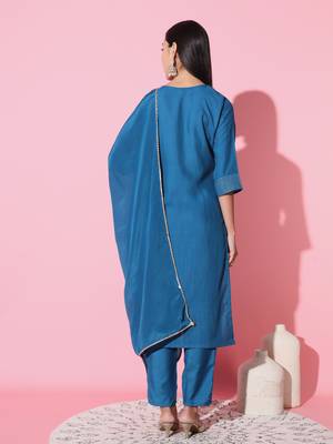 	Petrol Embroidered Work Cotton Slub Rayon Fabric Straight Kurta, Pant And Dupatta Set 3