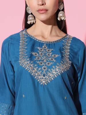 	Petrol Embroidered Work Cotton Slub Rayon Fabric Straight Kurta, Pant And Dupatta Set 4