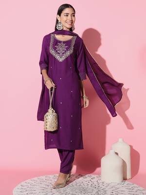 Wine Embroidered Work Cotton Slub Rayon Fabric Straight Kurta, Pant And Dupatta Set 1