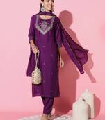 Wine Embroidered Work Cotton Slub Rayon Fabric Straight Kurta, Pant And Dupatta Set