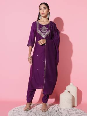 Wine Embroidered Work Cotton Slub Rayon Fabric Straight Kurta, Pant And Dupatta Set 2