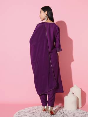 Wine Embroidered Work Cotton Slub Rayon Fabric Straight Kurta, Pant And Dupatta Set 3