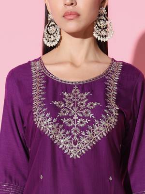 Wine Embroidered Work Cotton Slub Rayon Fabric Straight Kurta, Pant And Dupatta Set 4