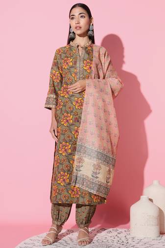 Printed Cotton Kurta, Pant and Dupatta set