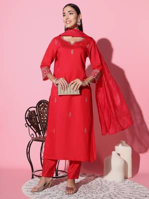 Red Embroidered Chanderi Fabric Straight Kurta, Pant And Dupatta Set 1