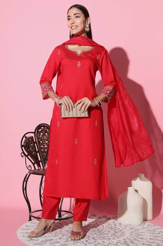 Red Embroidered Chanderi Fabric Straight Kurta, Pant And Dupatta Set