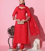 Red Embroidered Chanderi Fabric Straight Kurta, Pant And Dupatta Set