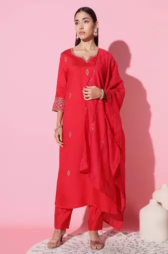 Red Embroidered Chanderi Fabric Straight Kurta, Pant And Dupatta Set