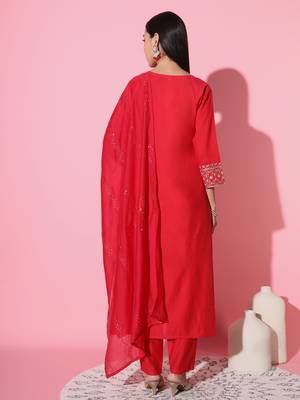 Red Embroidered Chanderi Fabric Straight Kurta, Pant And Dupatta Set 3