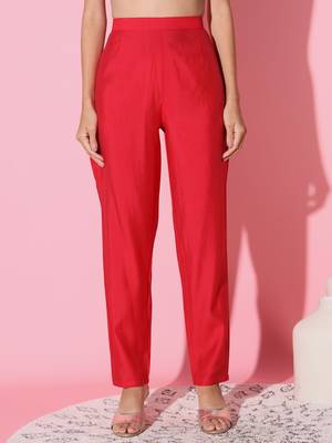 Red Embroidered Chanderi Fabric Straight Kurta, Pant And Dupatta Set 5