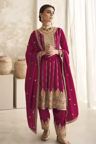 Dark Pink Heavy Silk Embbroidery Punjabi Salwar Suit