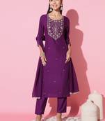	Wine Slub Cotton Fabric Straight Kurta, Pant And Dupatta Set