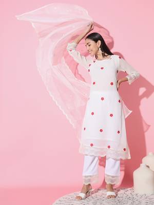 Off White Pure Georgette Fabric Embroidered Work Straight Kurta, Palazzo and Dupatta Set 1