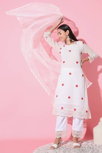Off White Pure Georgette Fabric Embroidered Work Straight Kurta, Palazzo and Dupatta Set