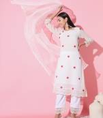Off White Pure Georgette Fabric Embroidered Work Straight Kurta, Palazzo and Dupatta Set