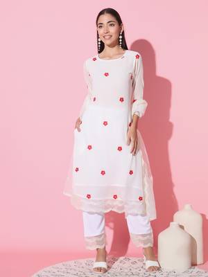 Off White Pure Georgette Fabric Embroidered Work Straight Kurta, Palazzo and Dupatta Set 2