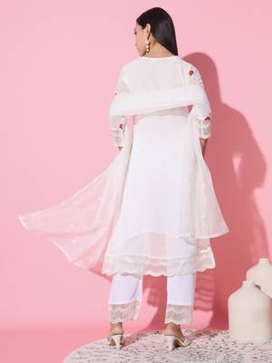 Off White Pure Georgette Fabric Embroidered Work Straight Kurta, Palazzo and Dupatta Set 3