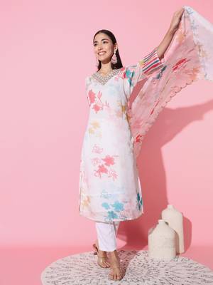 Cream Organza With Cotton Lining Floral Digital Printed Fabric Work Straight Kurta, Pant And Dupatta Set 1