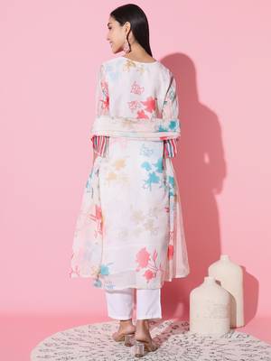 Cream Organza With Cotton Lining Floral Digital Printed Fabric Work Straight Kurta, Pant And Dupatta Set 3