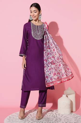 Wine Rayon Slub Fabric Embroidered Work Straight Kurta, Pant And Dupatta Set