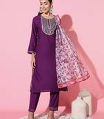 Wine Rayon Slub Fabric Embroidered Work Straight Kurta, Pant And Dupatta Set