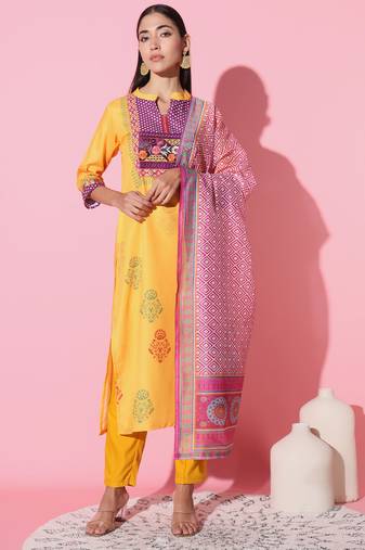 Yellow Muslin Fabric Embroidered Printed Work Straight Cut Kurta, Pant And Dupatta Set