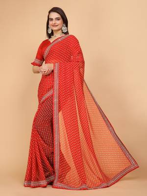 Red Colour Georgette Fabric Leheriya Print Saree WITH UN-STITCHED BLOUSE 2