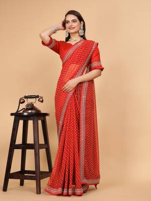 Red Colour Georgette Fabric Leheriya Print Saree WITH UN-STITCHED BLOUSE 4