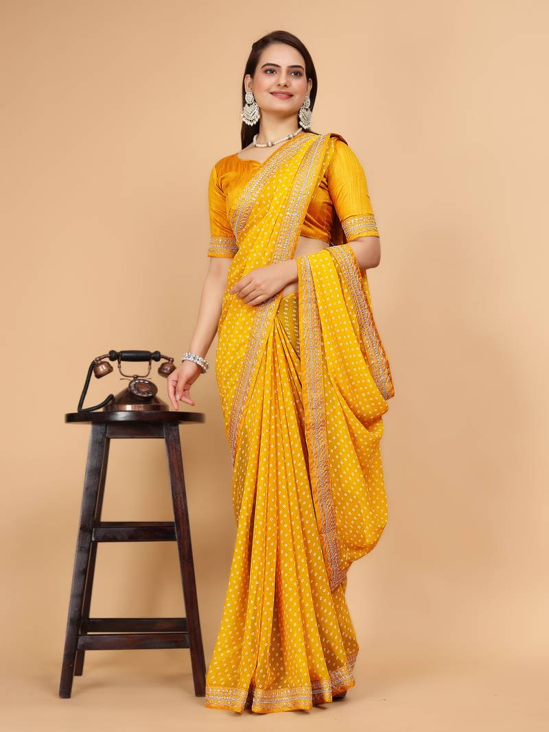 Women's Georgette Yellow Printed Designer Saree With Blouse Piece