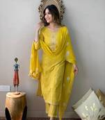 Printed straight kurti with pant and dupatta set for women and girls rayon (yellow)
