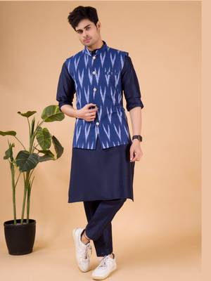 men's pastel kurta and elastic pyjama set with jacket - ikat print 1