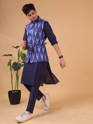 men's pastel kurta and elastic pyjama set with jacket - ikat print 3