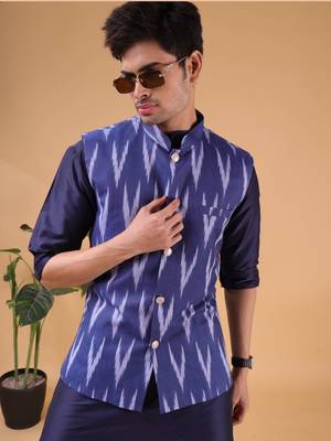 men's pastel kurta and elastic pyjama set with jacket - ikat print 4