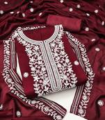 Women's maroon unstitched heavy thread embroidery silk dress material