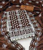 Women's brown unstitched heavy thread embroidery silk dress material 