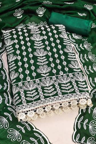 Women's green unstitched heavy thread embroidery silk dress material 