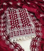 Women's maroon unstitched heavy thread embroidery silk dress material