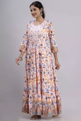 women rayon embroidery frontslit anarkali kurta in pink