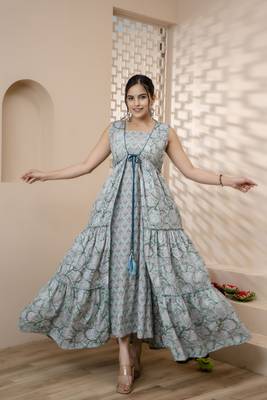 women rayon block printed frontslit anarkali kurta in lite blue 1